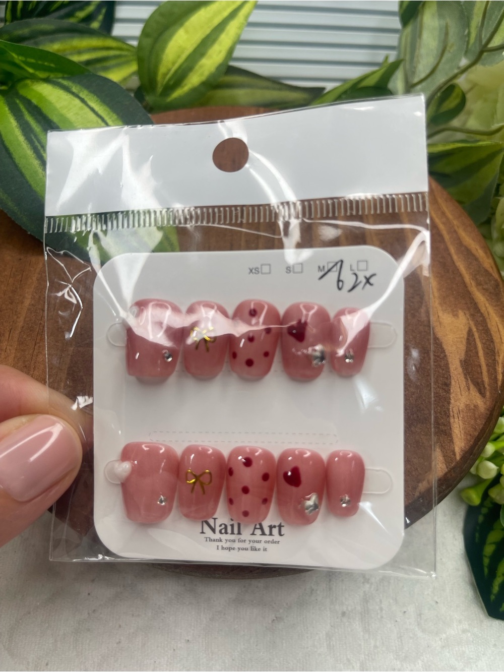 Pink Heart Press On Nails Medium Bow Rhinestone Polka Dot Kawaii Nail Art New